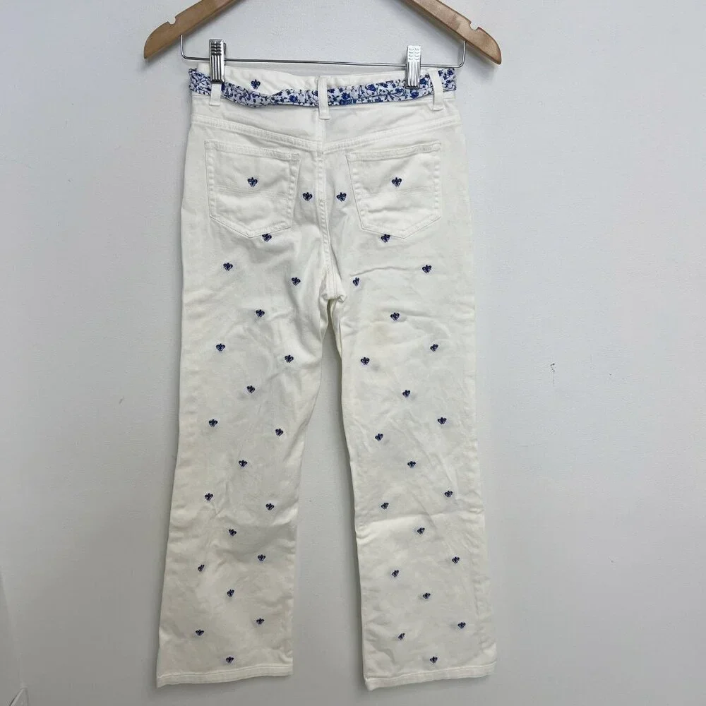 Ralph Lauren Nautical Girls White Pants Belted Blue Embroidery Boot Leg Sz 12